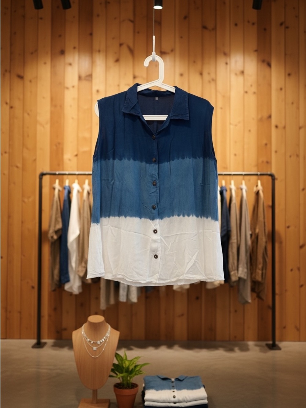 Sleeveless Ombre Button-Front Top - Blue/White